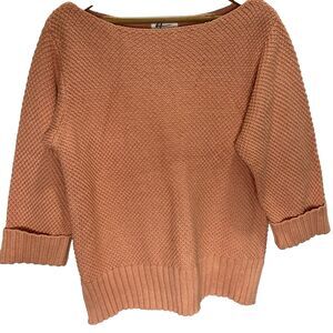 Andrea Jovine Waffle Knit Sweater Boat Neck Ribbed Hem Cotton Womens Sz L Peach
